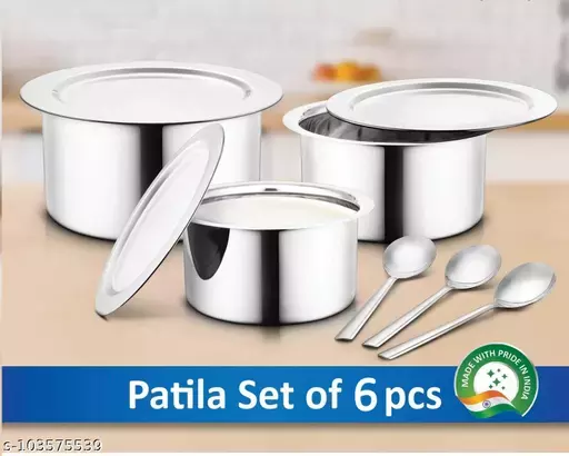 JSH 3 PC STEEL PATILA  WITH COVER + 3 PC SERVICE SPOON