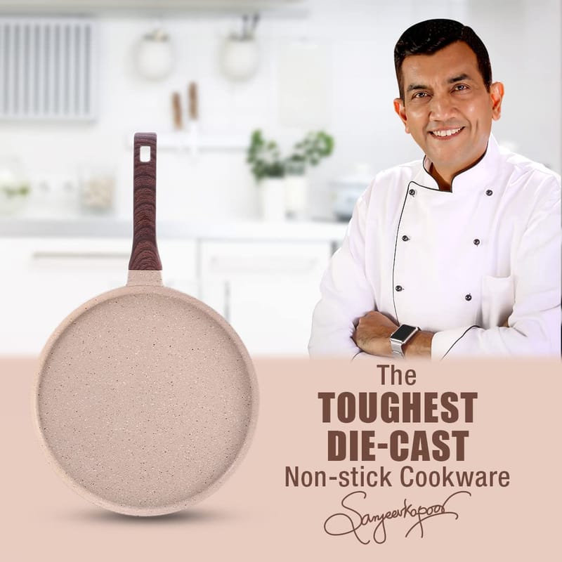 Wonderchef Duralife Die-cast 28 cm Dosa Tawa | 5 Layer Healthy Duramax Non-Stick Coating | Soft Touch Handle | Pure Grade Aluminium | PFOA Free | 2 Year Warranty | Ivory