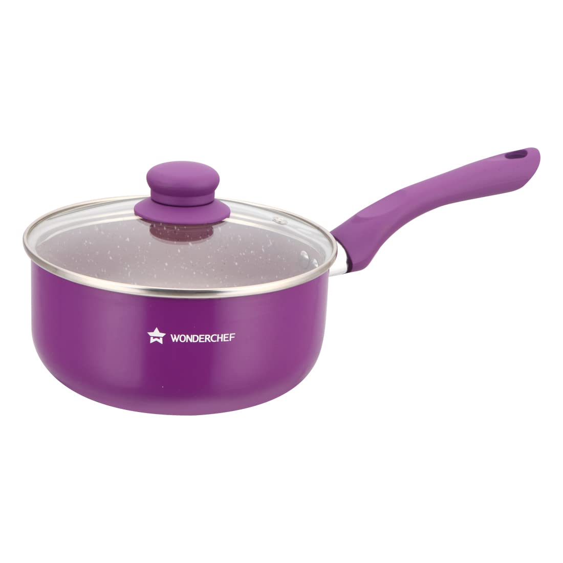 Wonderchef Royal Velvet 18cm Sauce pan with Glass Lid I Induction Ready | Soft-Touch Handles |Non ? Toxic I Virgin Aluminium| 3 mm Thick | 2 litres | 2 Year Warranty | Purple