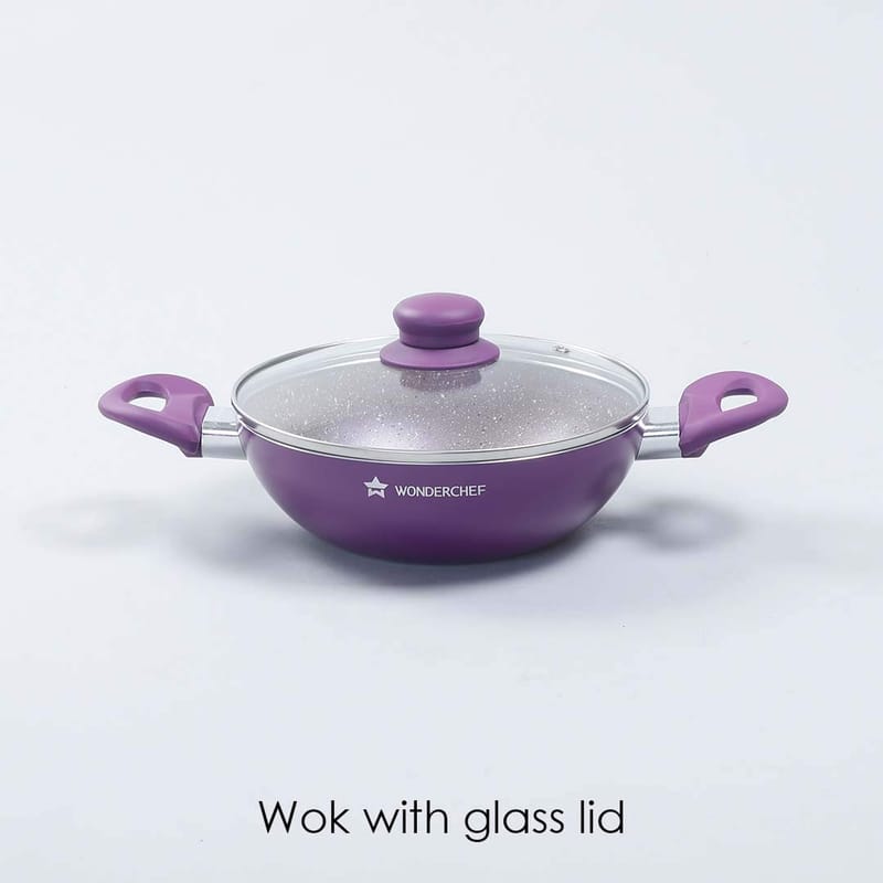 Wonderchef Royal Velvet Non-Stick Wok with Lid and Induction Bottom | Soft-Touch Handle | Virgin Grade Aluminium | PFOA & Heavy Metals Free | 3 mm thick | 20cm, 1.4 litres, 2 Years Warranty - Purple