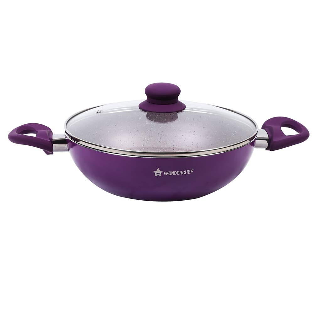 Wonderchef Royal Velvet Non-Stick Wok with Lid and Induction Bottom | Soft-Touch Handle | Virgin Grade Aluminium | PFOA & Heavy Metals Free | 3 mm thick | 20cm, 1.4 litres, 2 Years Warranty - Purple