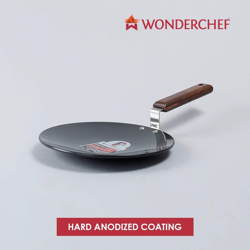 Wonderchef Ebony Roti Tawa | Induction Bottom | Wooden Handle | Hard Anodized Aluminium | 25cm Non Stick Tawa| 4..88 mm | 5 Years Warranty | Black