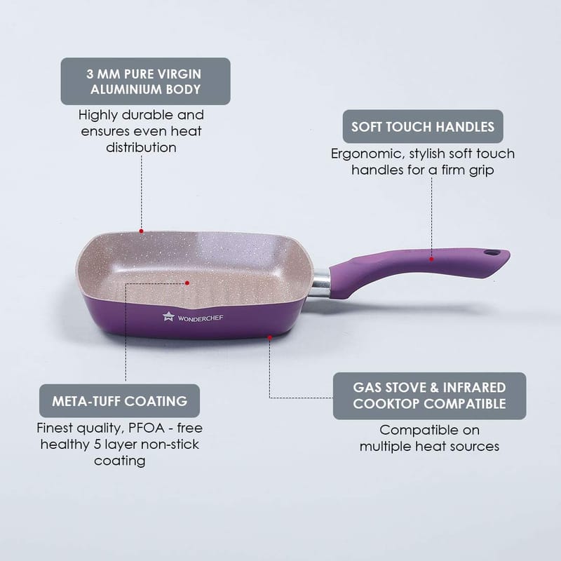 Wonderchef Royal Velvet 24cm Grill Pan | Soft-Touch Handles |Non ? Toxic I Virgin Aluminium| 3 mm Thick | 2 Year Warranty | Purple