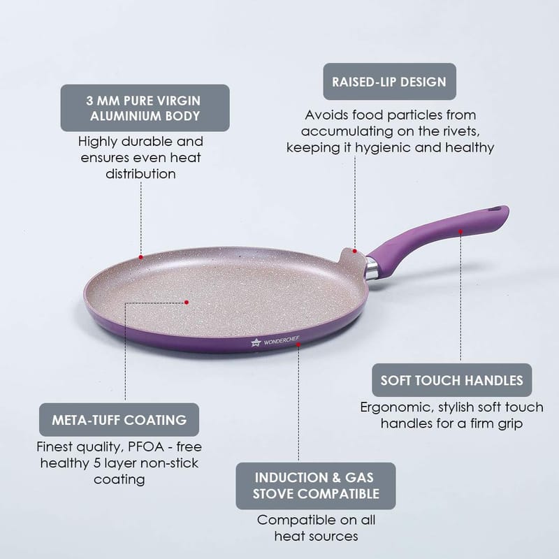 Wonderchef Royal Velvet Non-Stick 28cm Dosa Tawa I Induction Ready | Soft-Touch Handles |Non ? Toxic I Virgin Aluminium| 3 mm Thick | 1.8 litres | 2 Year Warranty | Purple