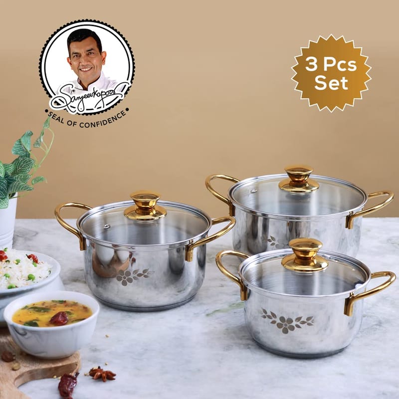 Wonderchef Gold Stanton Stainless Steel 3 Piece Casserole Set with Glass Lid | Golden knobs and Handles | Induction & Gas Stove Friendly | Set of 3 (1.6L, 2.3L, 3.1L) | 1 Year Warranty