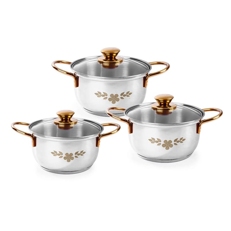 Wonderchef Gold Stanton Stainless Steel 3 Piece Casserole Set with Glass Lid | Golden knobs and Handles | Induction & Gas Stove Friendly | Set of 3 (1.6L, 2.3L, 3.1L) | 1 Year Warranty