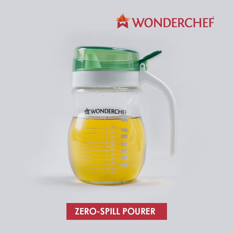 Wonderchef Oil Pourer Glass Bottle for Kitchen, Transparent Oil Pourer and Holder with Green Lid, Accurate Pouring without Wastage, 550ml