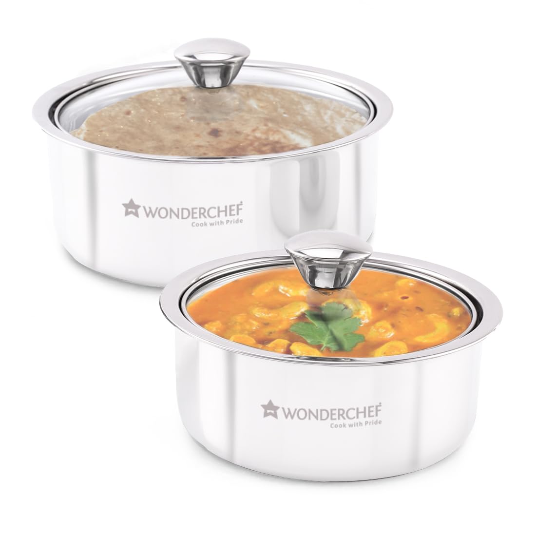 Wonderchef Austin Serving Casserole Set - 2pc Casseroles with Lids 16cm & 14 cm Each for Puris, Parathas, Roti, Rice, Soups, Curries, and Idlis, 1 Year Warranty