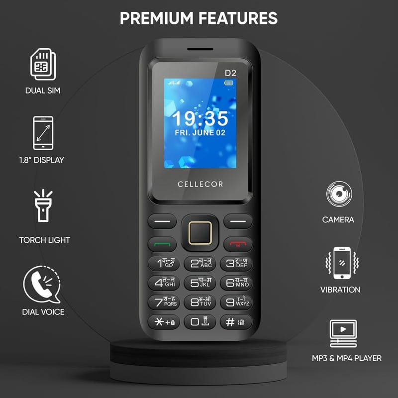 CELLECOR D2 Dual Sim Feature Phone with Big Battery 1000 mAH| Torch Light| Wireless FM| Rear Camera| Dial Voice (1.8" Display) (Black)