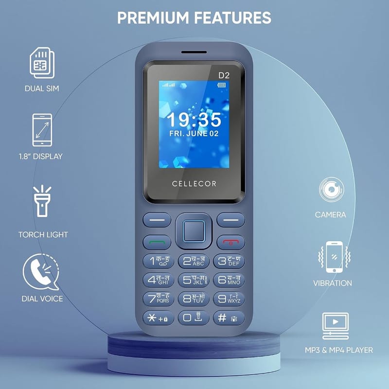 CELLECOR D2 Dual Sim Feature Phone with Big Battery 1000 mAH| Torch Light| Wireless FM| Rear Camera| Dial Voice (1.8" Display) (Blue)