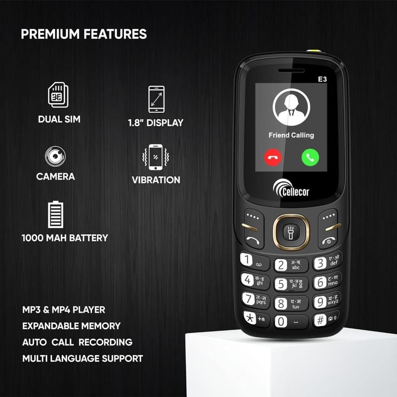 CELLECOR E3 Dual Sim Feature Phone 1000 mAH Battery with Vibration, Torch Light, Wireless FM and Rear Camera (1.8" Display, Black)