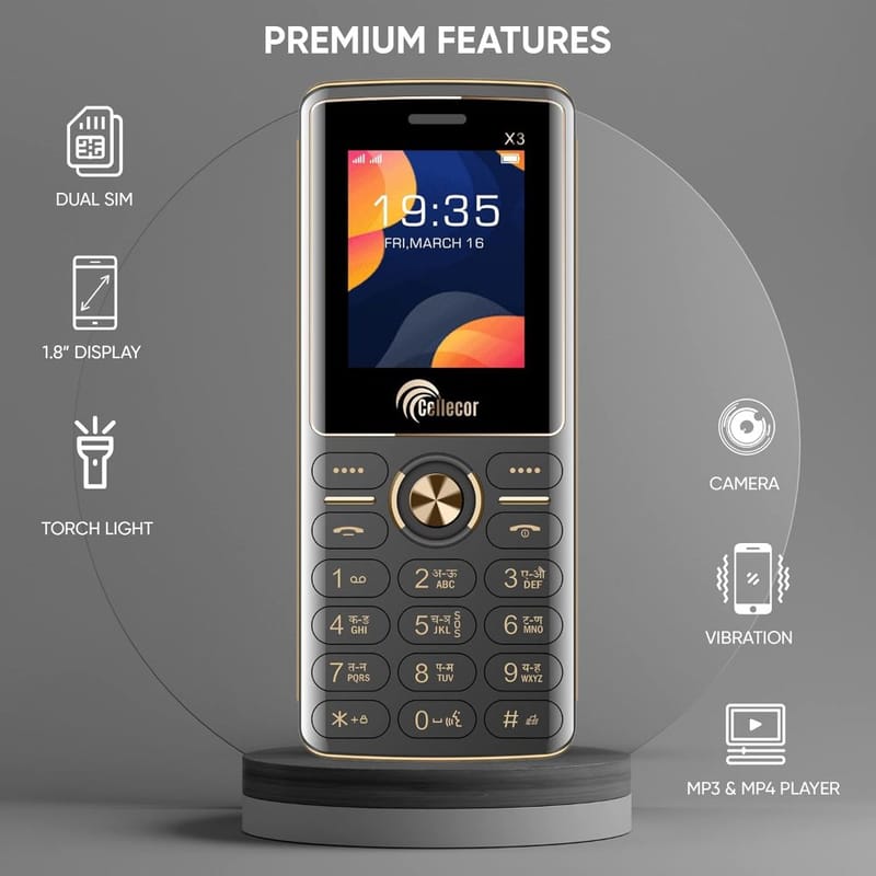 CELLECOR X3 Dual Sim Feature Phone 1000 mAH Battery with Torch Light, Wireless FM and Rear Camera (1.8" Display, Grey)