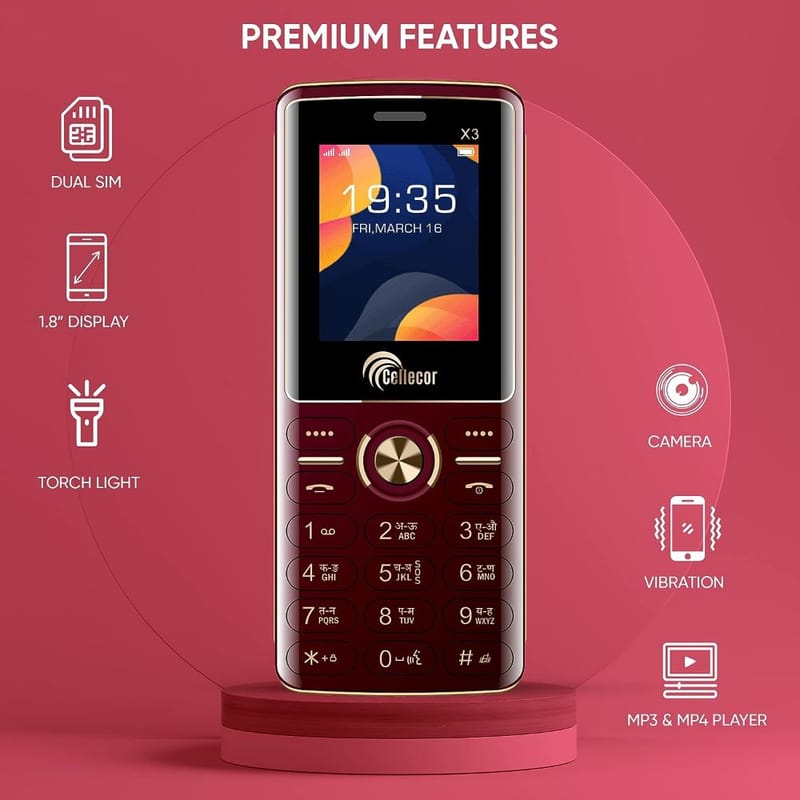 CELLECOR X3 Dual Sim Feature Phone 1000 mAH Battery with Torch Light, Wireless FM and Rear Camera (1.8" Display) (RED)