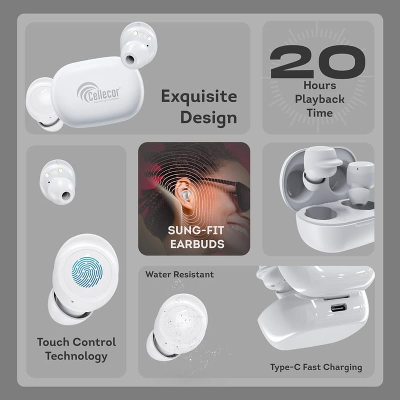 CELLECOR Bro Pods CB04 Waterproof Earbuds with 20 Hours Playtime, Automatic Pairing, HD Sound and 5.2V Bluetooth (White)