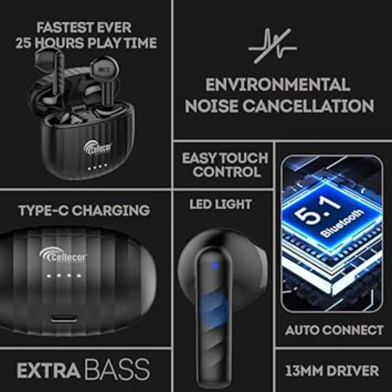 CELLECOR BroPods CB05 Waterproof Earbuds with 25 Hours Playtime, Auto Pairing, 13mm Driver, 5.1V Bluetooth Headset