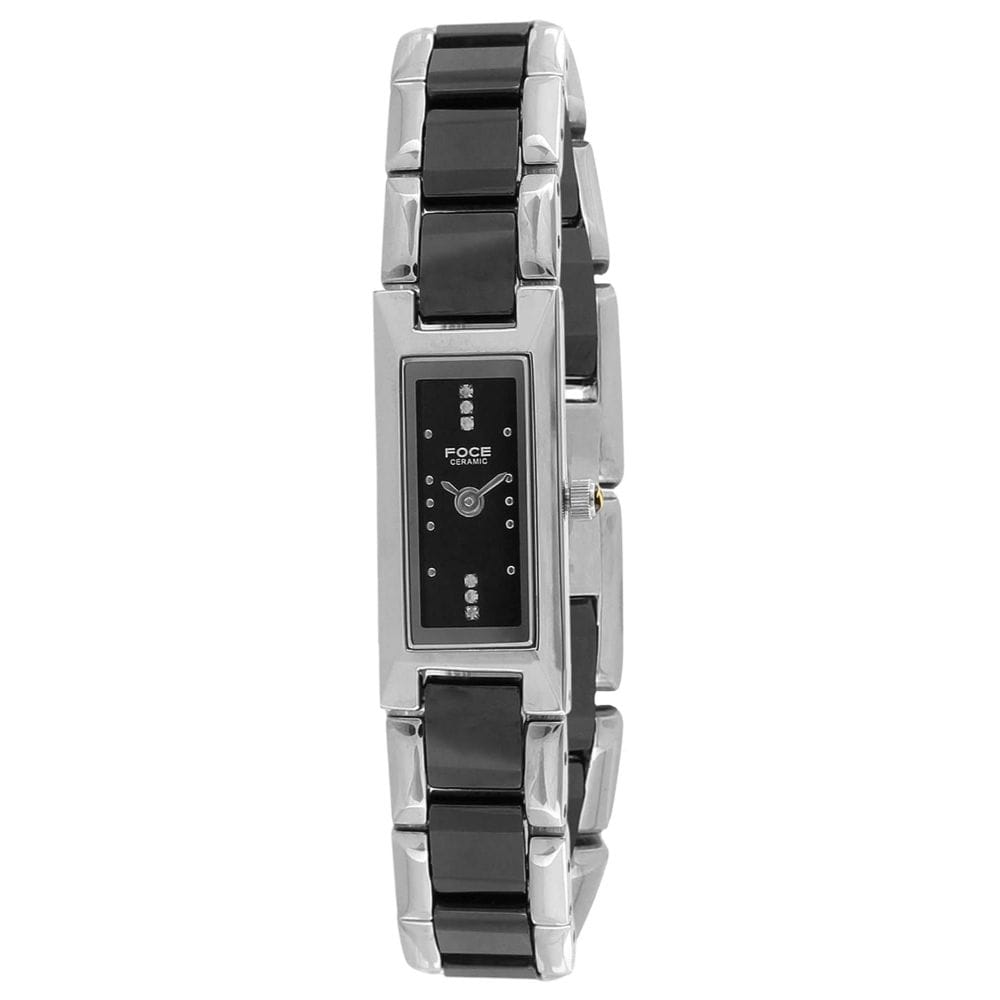 Foce Silver & Black Rectangle Analog Wrist Watch for Women with Silver Black Metal & Ceramic Strap - F390LSM-BLACK