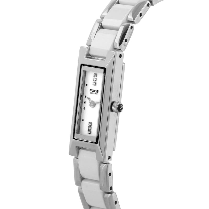 Foce Silver & White Rectangle Analog Wrist Watch for Women with Silver White Metal & Ceramic Strap - F390LSM-WHITE