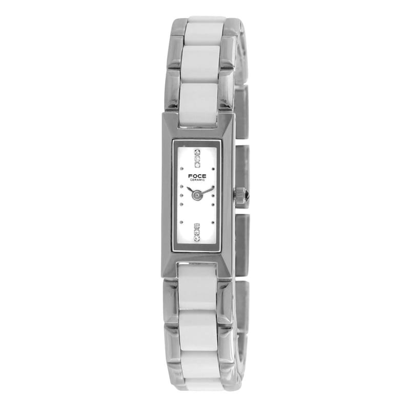 Foce Silver & White Rectangle Analog Wrist Watch for Women with Silver White Metal & Ceramic Strap - F390LSM-WHITE