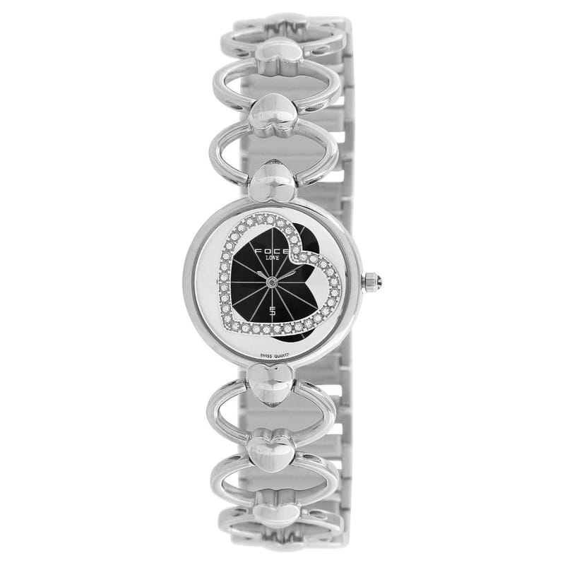 Foce Silver Round Analog Wrist Watch for Women with Silver Metal Strap - F450LSM-BLACK