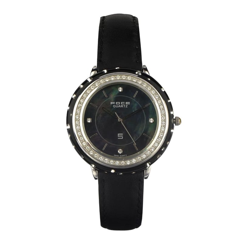 Foce Black Round Analog Mother of Pearl Wrist Watch for Women with Black Genuine Leather Strap - F455LSL-BLACK