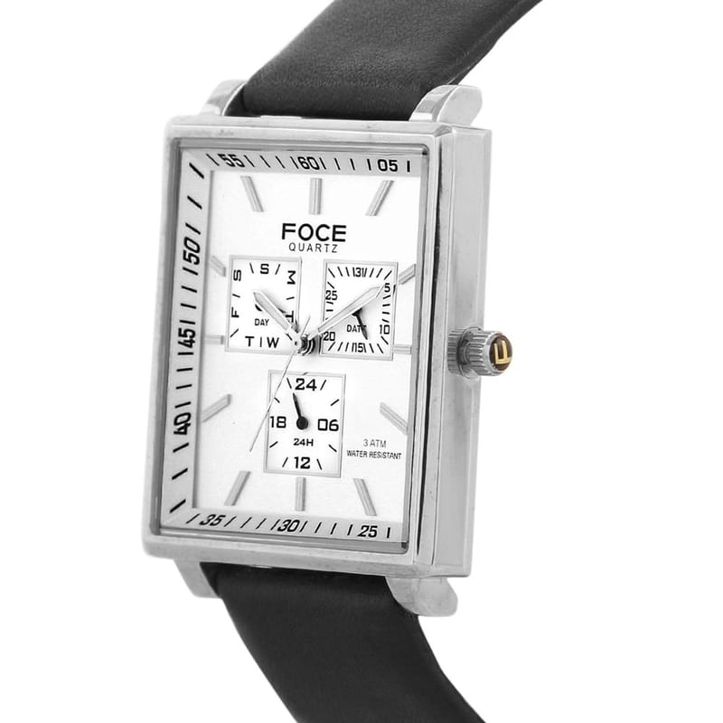 Foce Black Square Analog Wrist Watch for Men with Black Genuine Leather Strap - F722GS-SILVER