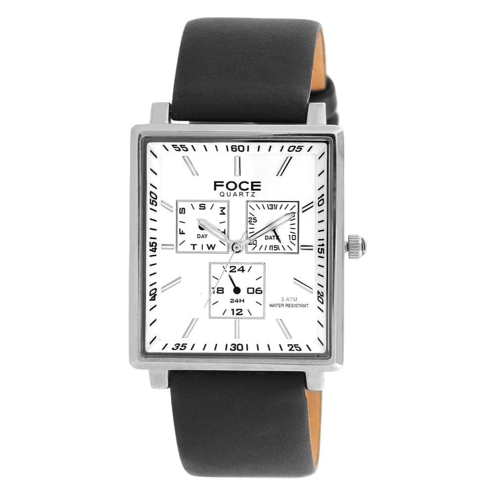 Foce Black Square Analog Wrist Watch for Men with Black Genuine Leather Strap - F722GS-SILVER