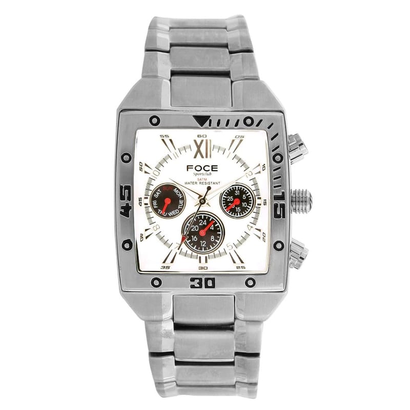 Foce Silver Square Analog Wrist Watch for Men with Silver Metal Strap - F801GSM-WHITE