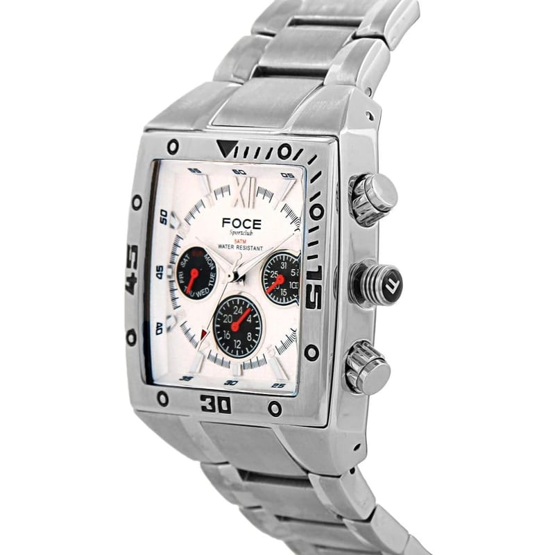 Foce Silver Square Analog Wrist Watch for Men with Silver Metal Strap - F801GSM-WHITE