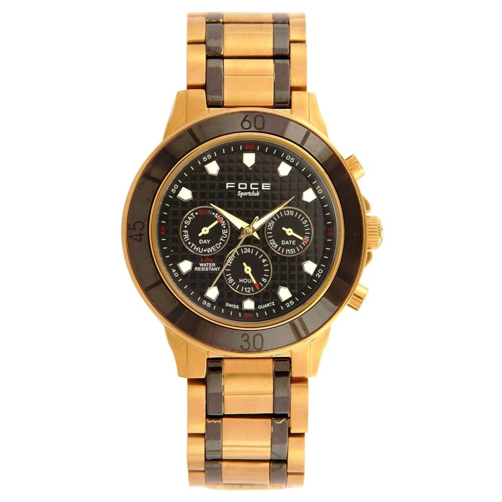 Foce Black Round Analog Wrist Watch for Men with Ceramic Case & Golden/Black Colour Steel Strap - F946GGM-BLACK