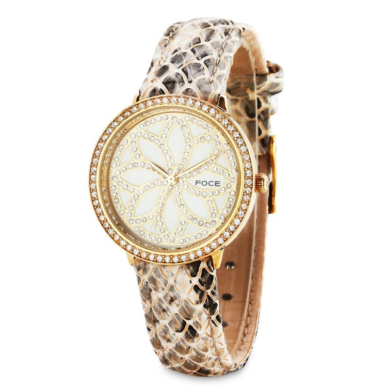 Foce Analogue Ivory Dial Women's Premium Crystal Studded Watch - FA21GGL-CHAM