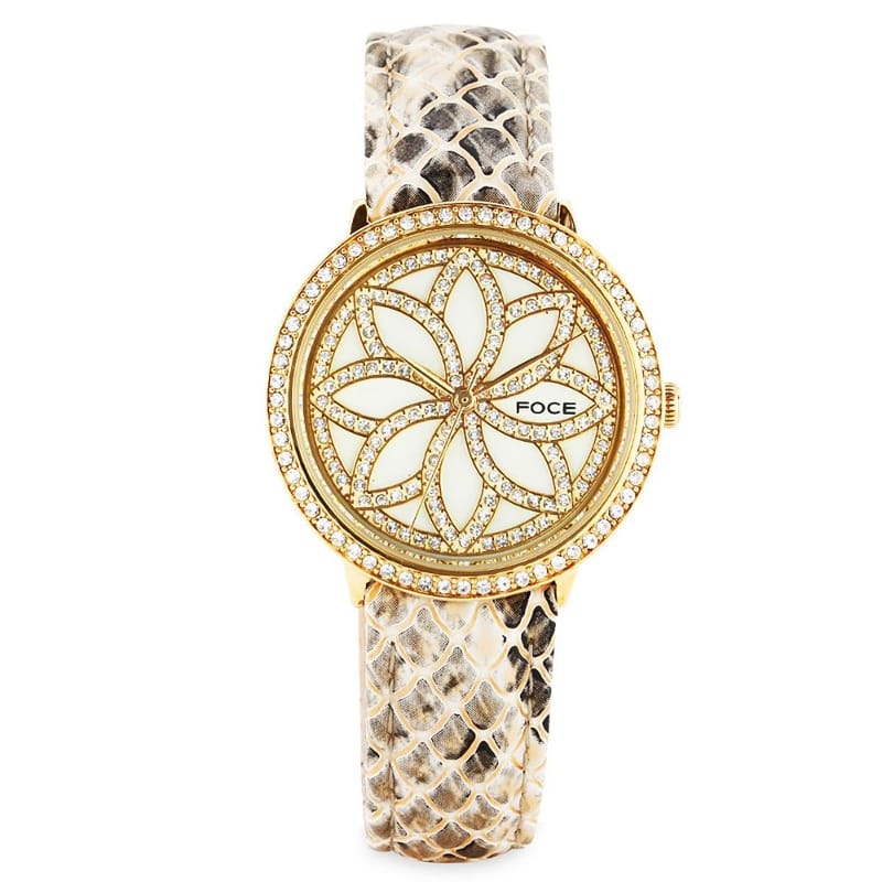 Foce Analogue Ivory Dial Women's Premium Crystal Studded Watch - FA21GGL-CHAM