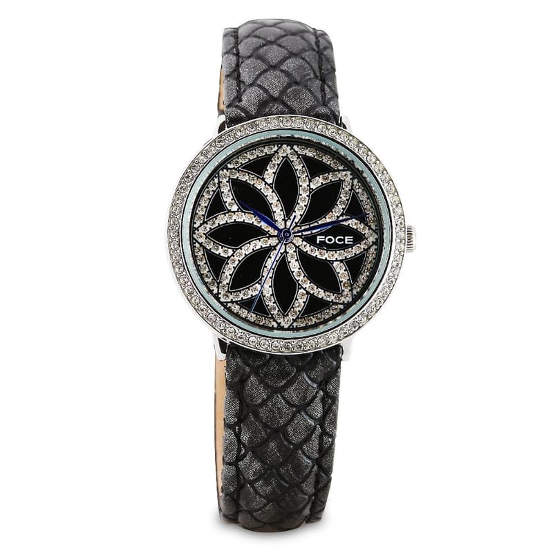 Foce Analogue Black Dial Women's Premium Crystal Studded Watch - FA21SSL-BLACK