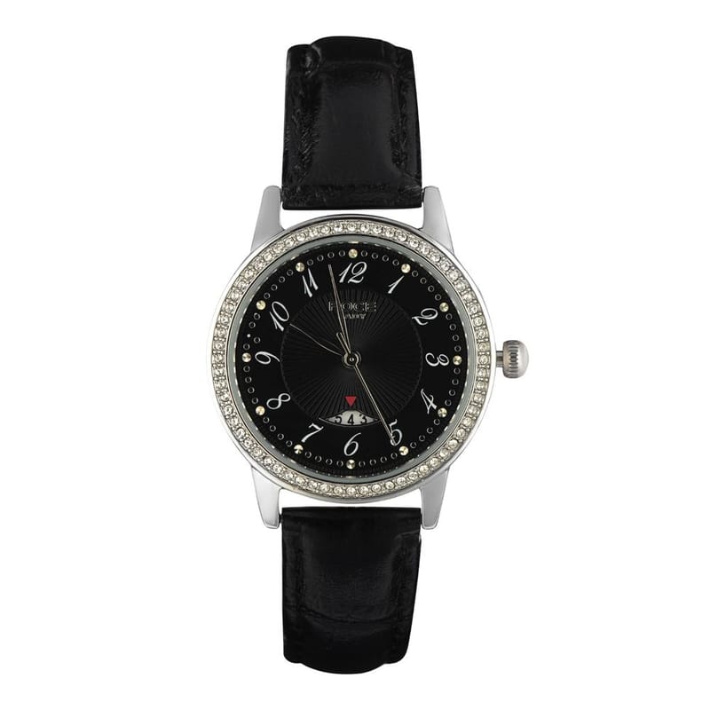 Foce Black Round Analog Wrist Watch for Women with Black Genuine Leather Strap - FA22SSL-BLACK