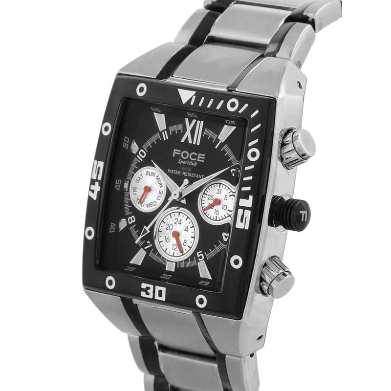 Foce Silver & Black Square Analog Wrist Watch for Men with Silver Black Metal Strap - F801GBM-BLACK