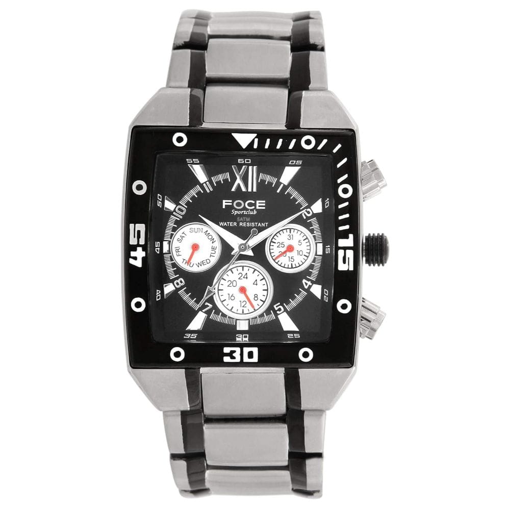 Foce Silver & Black Square Analog Wrist Watch for Men with Silver Black Metal Strap - F801GBM-BLACK