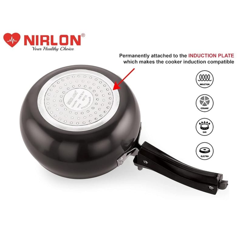 Nirlon Induction and Gas Compatible Hard Anodised Handi Shape Inner Lid Aluminium Pressure Cooker, 5 Litre, Black