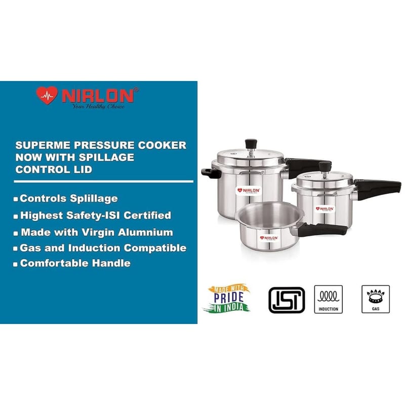 Nirlon Induction Base Outer Lid Aluminium Pressure Cooker with Outer Lid, 2, 3 and 5 Litres, Silver