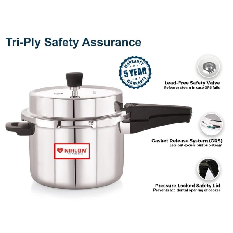 Nirlon Induction and Gas Stove Compatible Outer Lid Triply Stainless Steel Pressure Cooker, 5 Liters