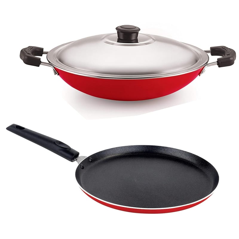 Nirlon Aluminium 3 Layer Nonstick Heat Resistant Induction Flat Tawa 28 cm and Fry Pan 22 cm with Glass Lid, Set of 2, Black