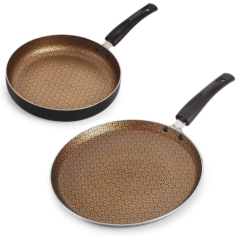 Nirlon Gold Rush 2-Piece Aluminium Non Stick Cookware Frying Pan & Kadai Combo Set (Compatible with All Gas & Stovetops)