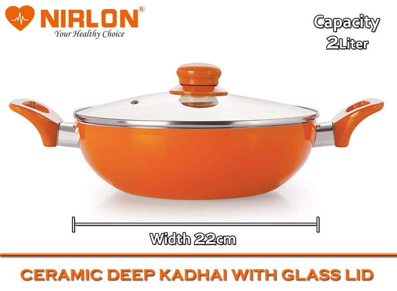 NIRLON New Reinforced 4 Layer Ceramic Coating Non Stick Induction Dosa Tawa, 2 Deep Kadhai With Glass Lid, Grill Pan & Deep Casserole with Glass Lid Orange