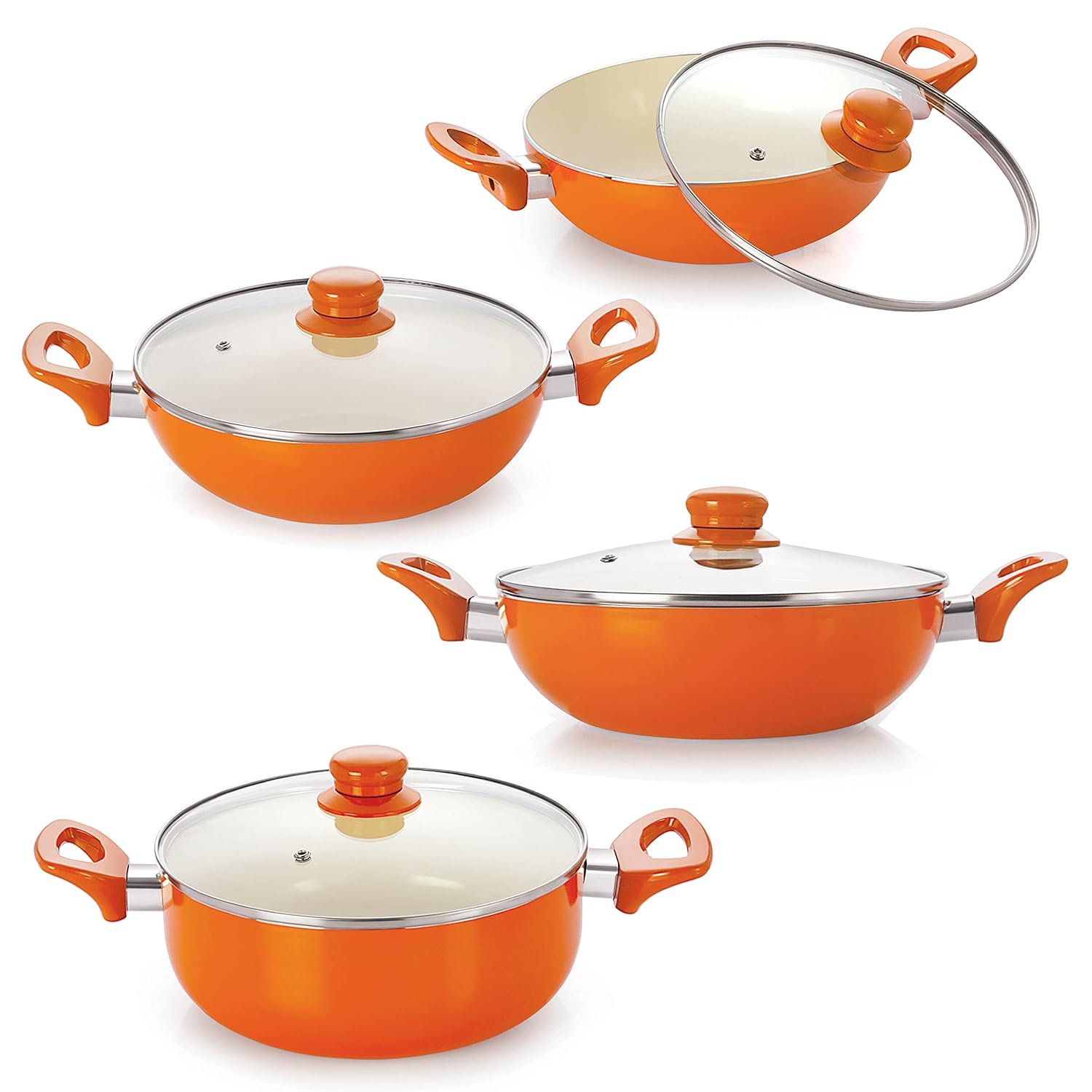 NIRLON New Reinforced 4 Layer Ceramic Coating Non Stick Induction Dosa Tawa, 2 Deep Kadhai With Glass Lid, Grill Pan & Deep Casserole with Glass Lid Orange