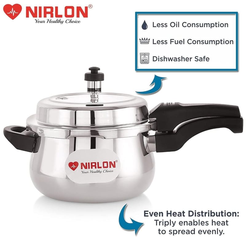 Nirlon Induction and Gas Stove Compatible Outer Lid Belly Triply Stainless Steel Pressure Cooker, 5 Liters