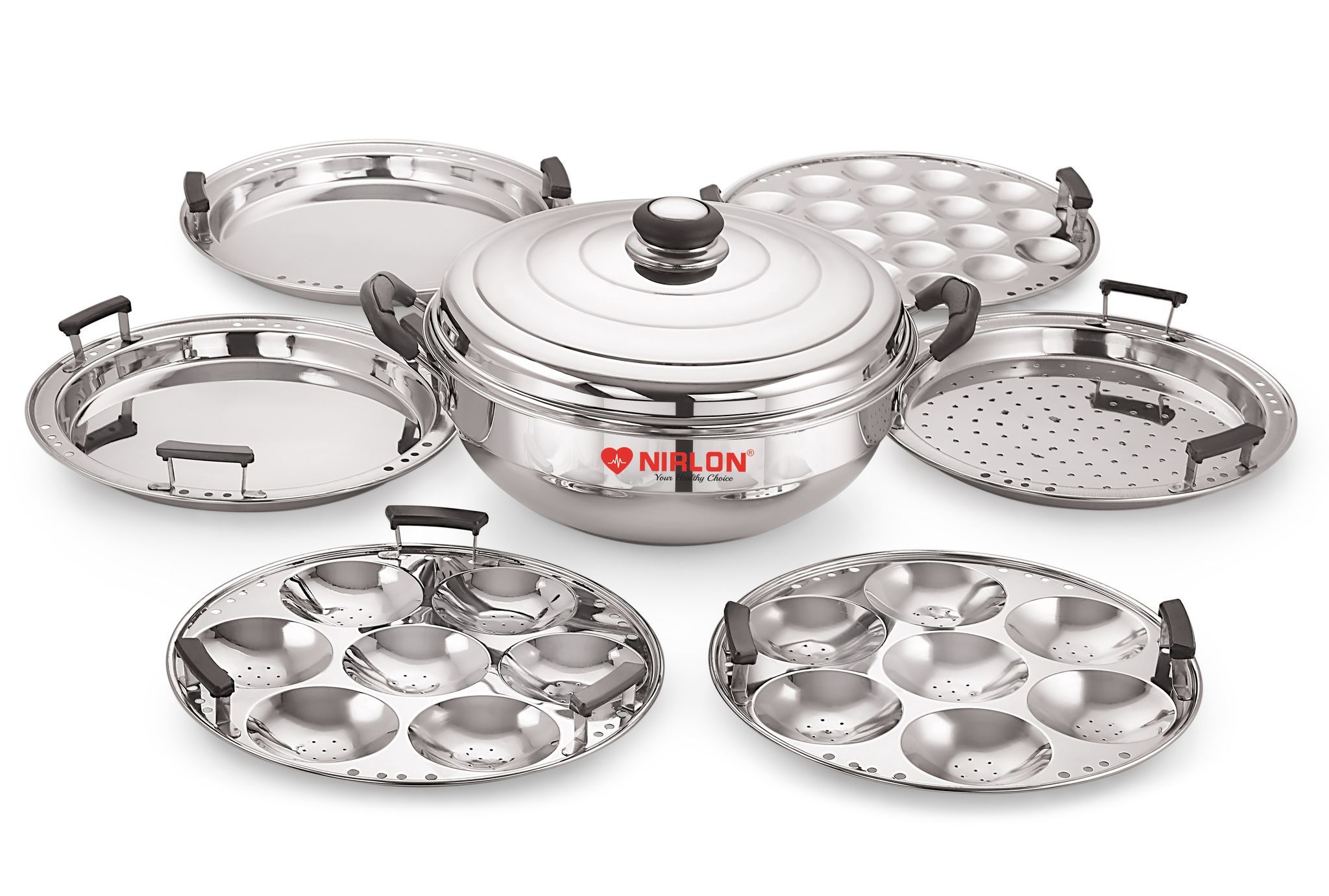 Nirlon All-in-One Stainless Steel Idli Cooker Multi Kadhai with Induction Bottom/Kadhai with 6 Plates Big Size 1 Steel Lid/2 Idli Plates/2 Dhokla Plates/1 Patra(Flat Bottom) /1 Mini Idli Plate (7 Pc)