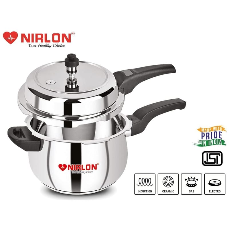 Nirlon Sandwich Bottom Induction Friendly Outer Lid Stainless Steel Pressure Cooker, 5 Litre