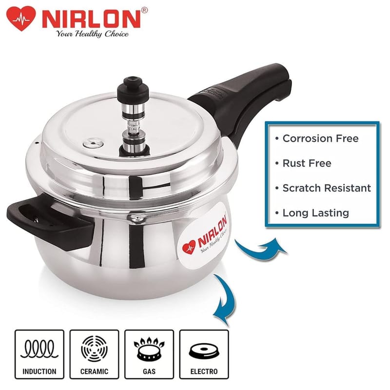 Nirlon Induction and Gas Stove Compatible Outer Lid Belly Triply Stainless Steel Pressure Cooker, 3 Liters