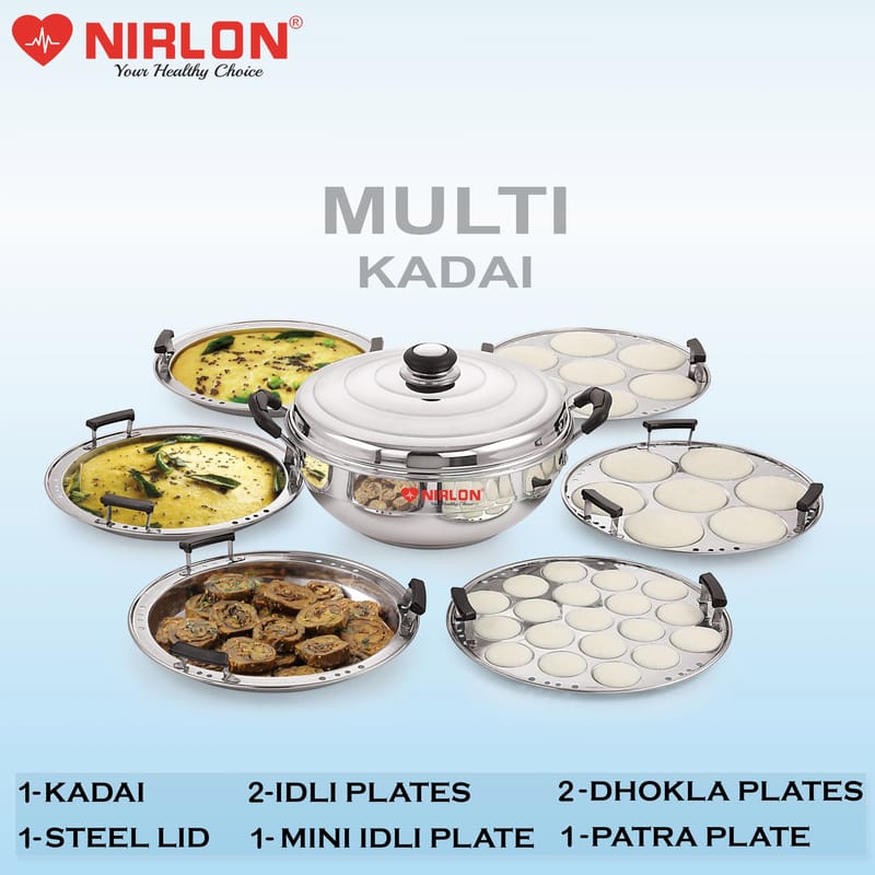 Nirlon All-in-One Stainless Steel Idli Cooker Multi Kadhai with Induction Bottom/Kadhai with 6 Plates Big Size 1 Steel Lid/2 Idli Plates/2 Dhokla Plates/1 Patra(Flat Bottom) /1 Mini Idli Plate (7 Pc)