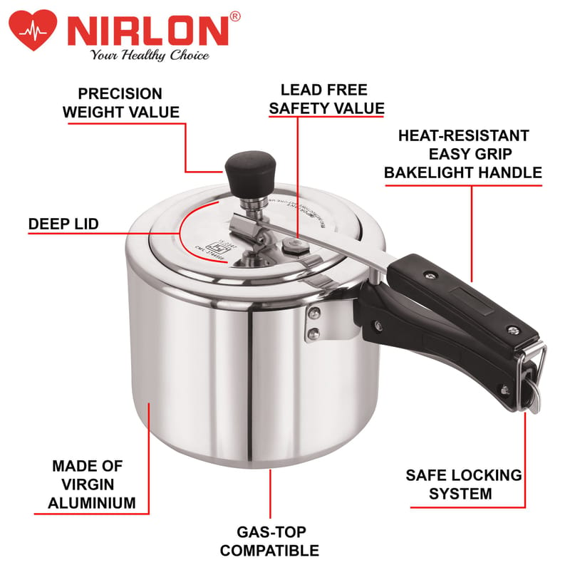 Nirlon Non Induction Base Aluminium Inner Lid Pressure Cooker, 3 Litre