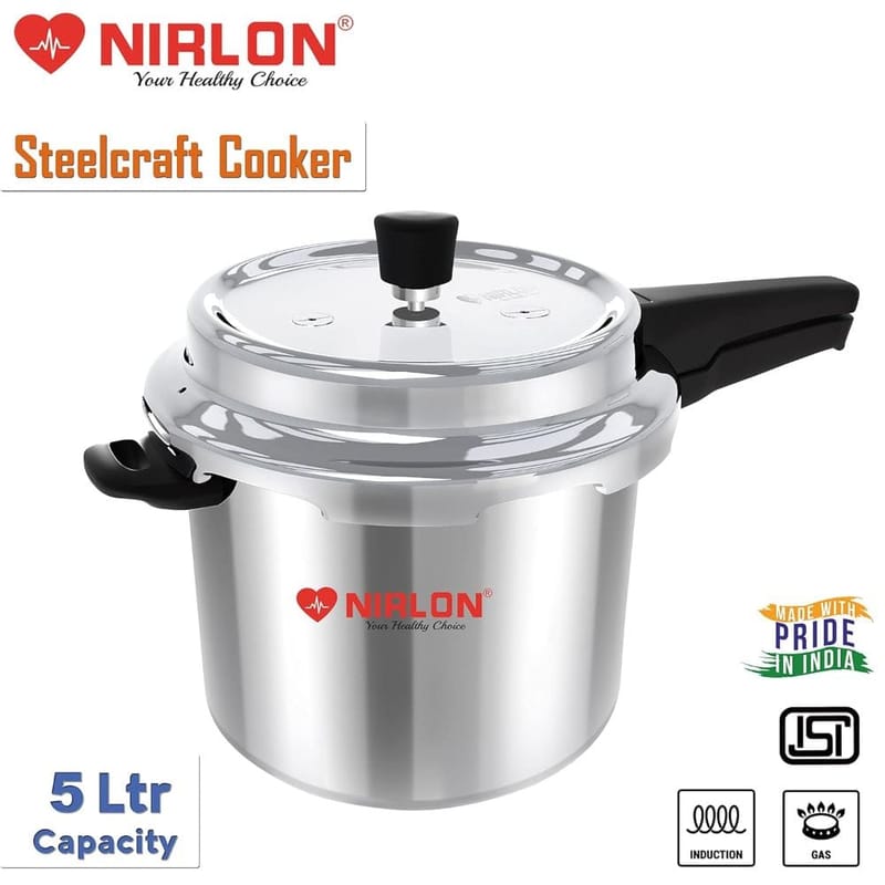 Nirlon Induction Compatible Outer Lid Stainless Steel Pressure Cooker, 5 Liters, Silver