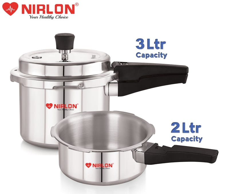 Nirlon Combo Induction Base Outer Lid Aluminium Pressure Cooker, 2 and 3 Liters with Common Lid, Silver